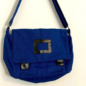 Kids cobalt blue cotton & black leather cross body bag. French, Paris.